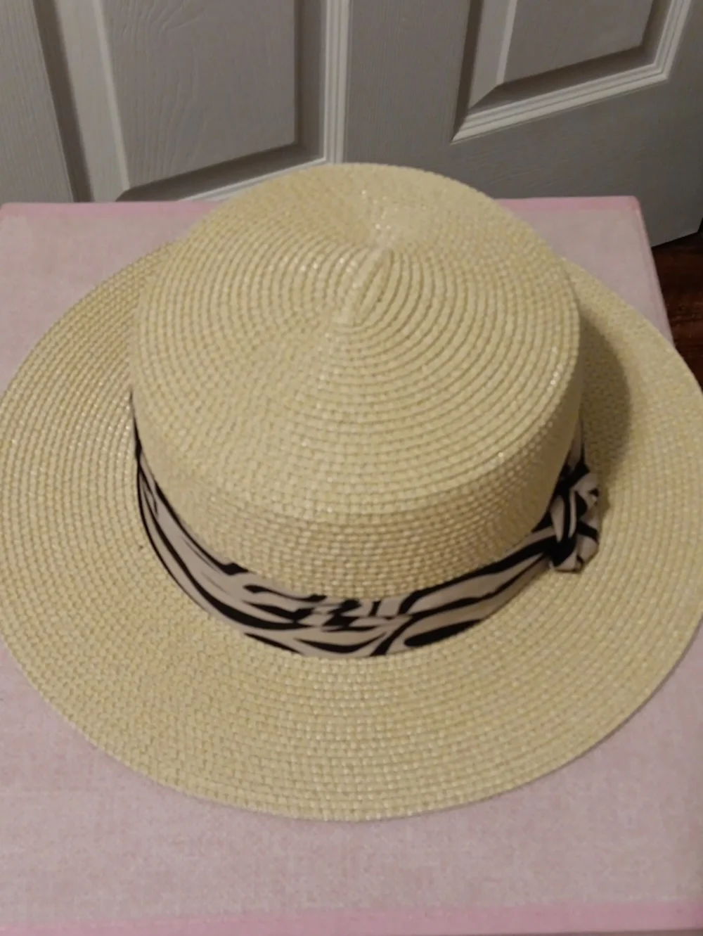 Straw Sun Hat with Black and Cream Scarf Band